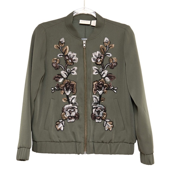 Chicos Plus Size 0 (XL) Embroidered Bomber Jacket NWOT Full Zip Dark Green - Picture 1 of 4